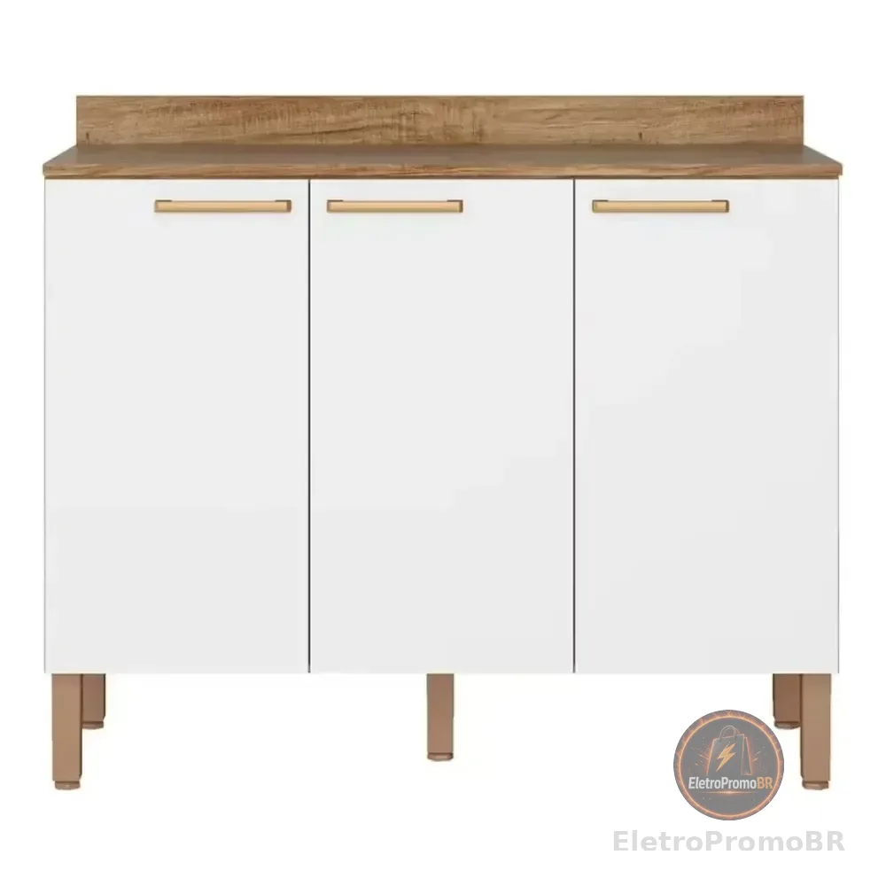 Balcão Triplo Veneza 3 Portas E 1 Prateleira 108,4cm Bartira Cor Branco Com Damasco