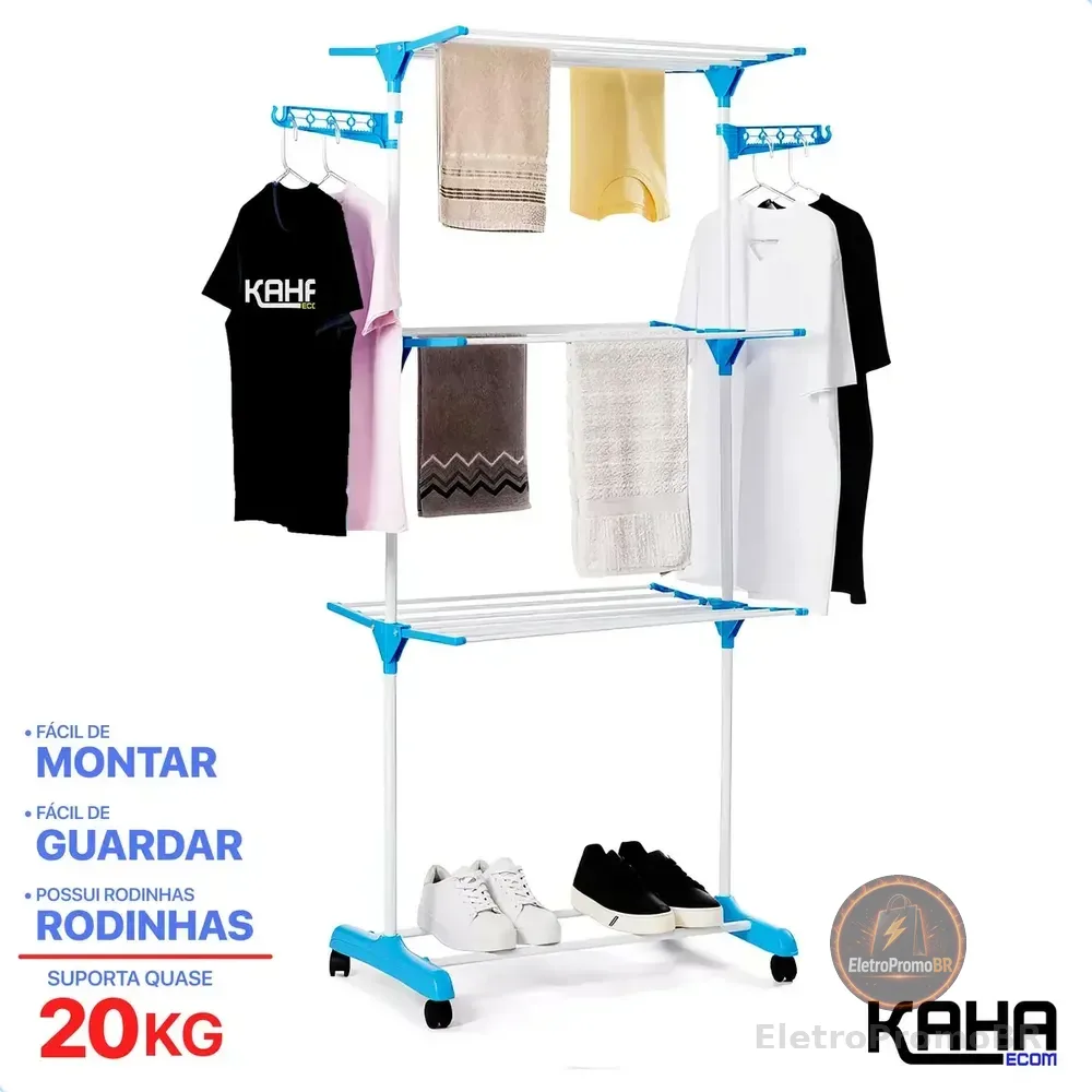 Kaha Varal De Chão Grande De Roupas 3 Andares Dobrável Aço Seca Fácil Cor Branco Com Azul