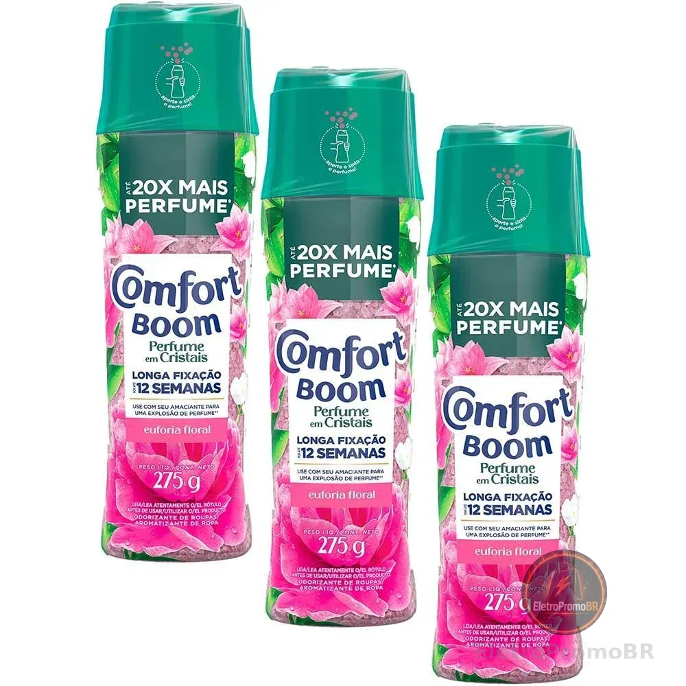 Kit 3 Odorizantes de Roupas Comfort Boom Perfume em Cristais Euforia Floral 275g