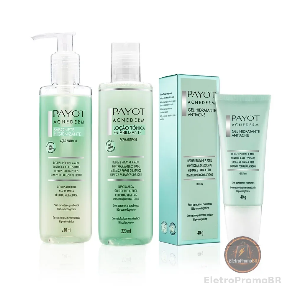 Kit Limpeza Tonificação e Gel Hidratante Acnederm Payot