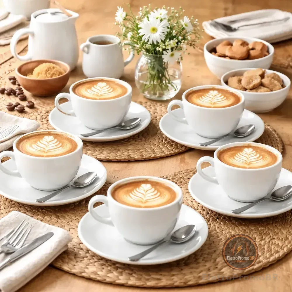 Jogo 12 Peças 6 Xícaras 6 Pires Café Chá Opalina 200ml Branco Liso