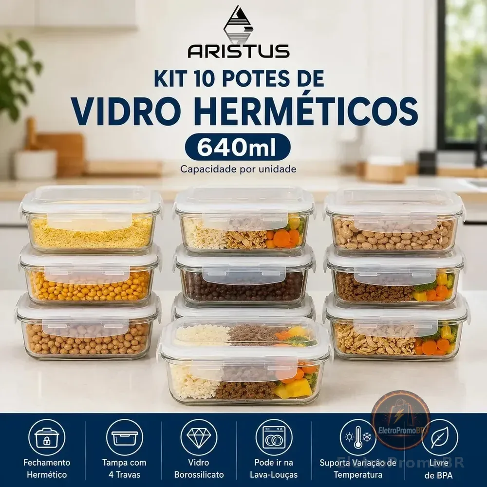 Kit 10 Potes Vidro Hermético Aristus 640ml Marmita Anti Vazamento Forno Micro-ondas Freezer Tampa 4 Travas - Branco