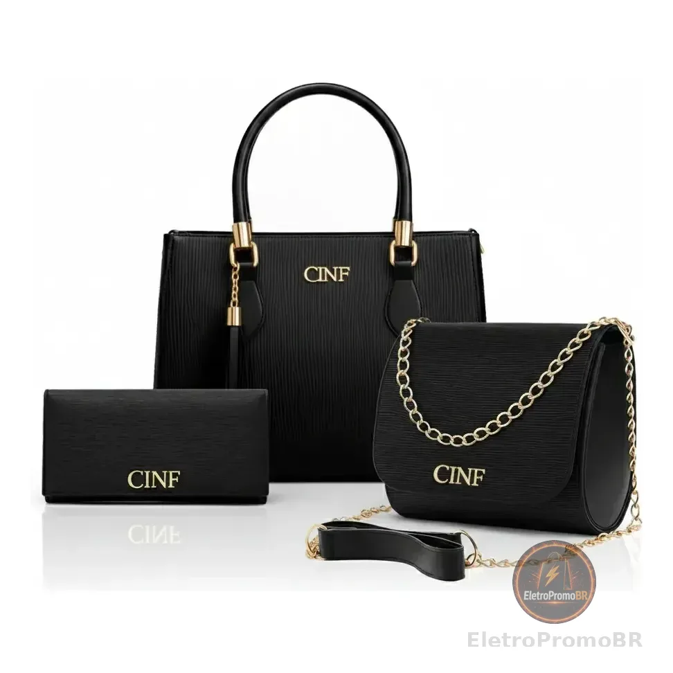Kit Com 3 Peças Bolsas Feminina Transversal Média Tira Colo Carteira Cor Preta Cinf Liso Ouro Preto
