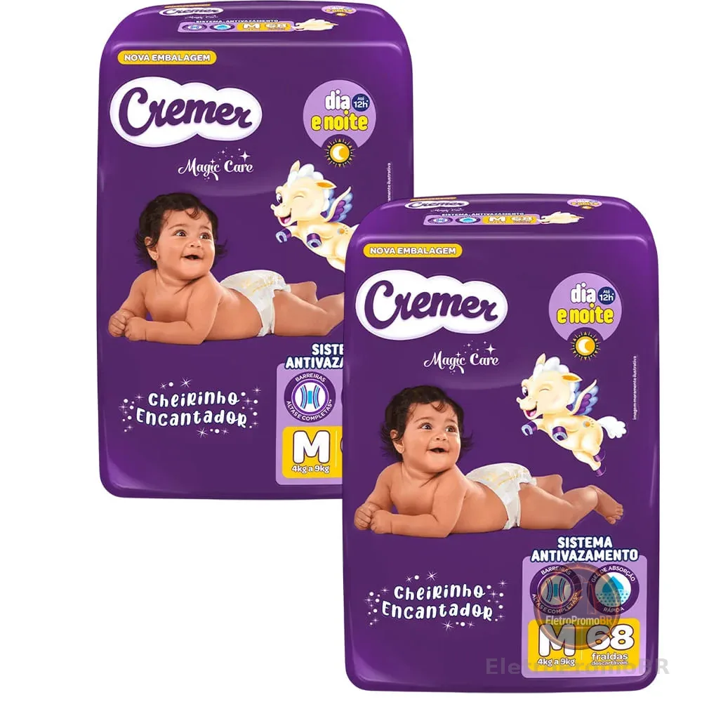 Kit 2 Fraldas Descartáveis Cremer Magic Care Hiper M 68 Tiras