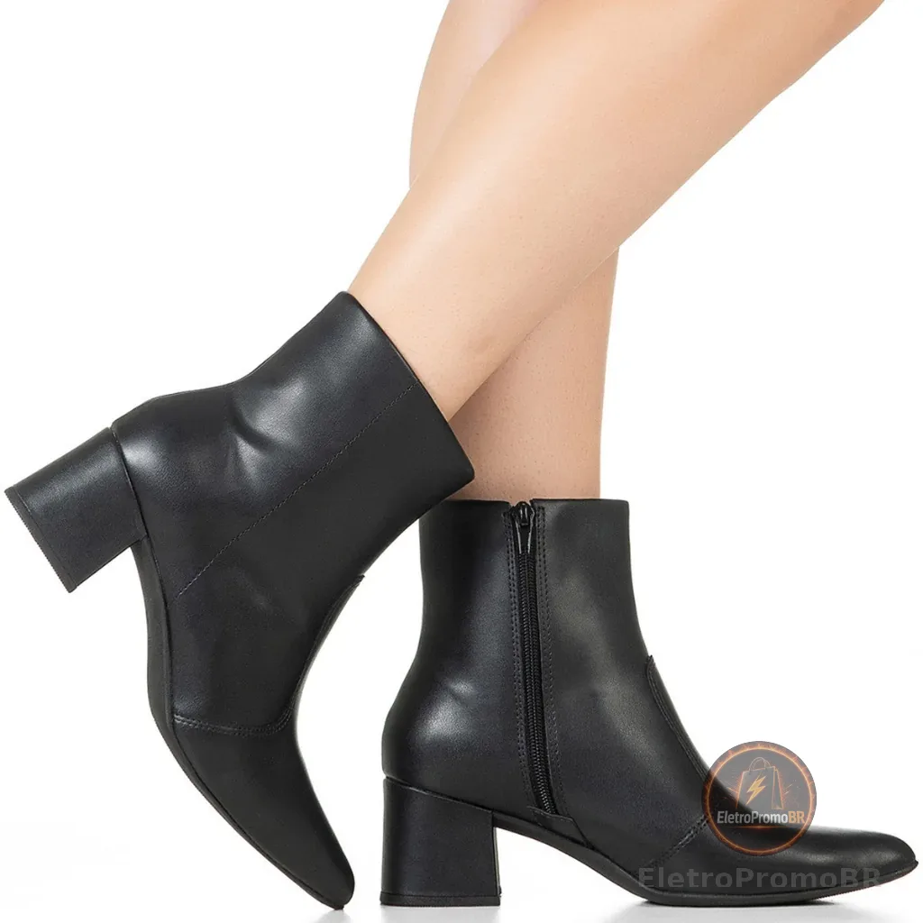 Bota Feminina GiGiL Bico Fino Cano Curto Bloco Médio Salto Grosso Casual Clássica Elegante