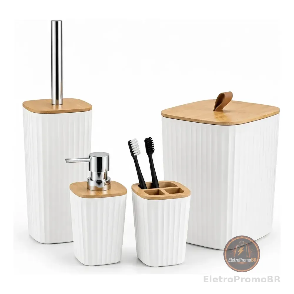 Kit 4 Pcs Banheiro Lavabo Lixeira Porta Escova Luxo Bambu Branco