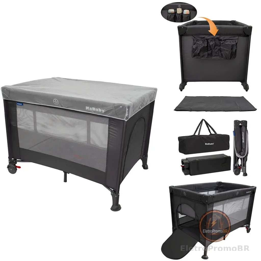 Berço Portátil Infantil Cercado Desmontável Com Mosquiteiro Sleep Cinza Kababy