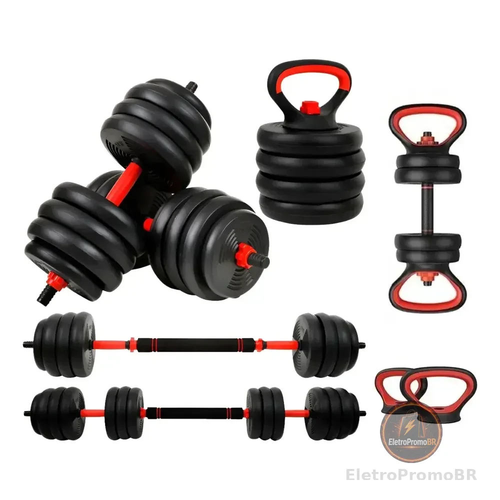 Kit Halter 6 Em 1 Musculação Até 20kg Ajustável Anilha Preto-vermelho