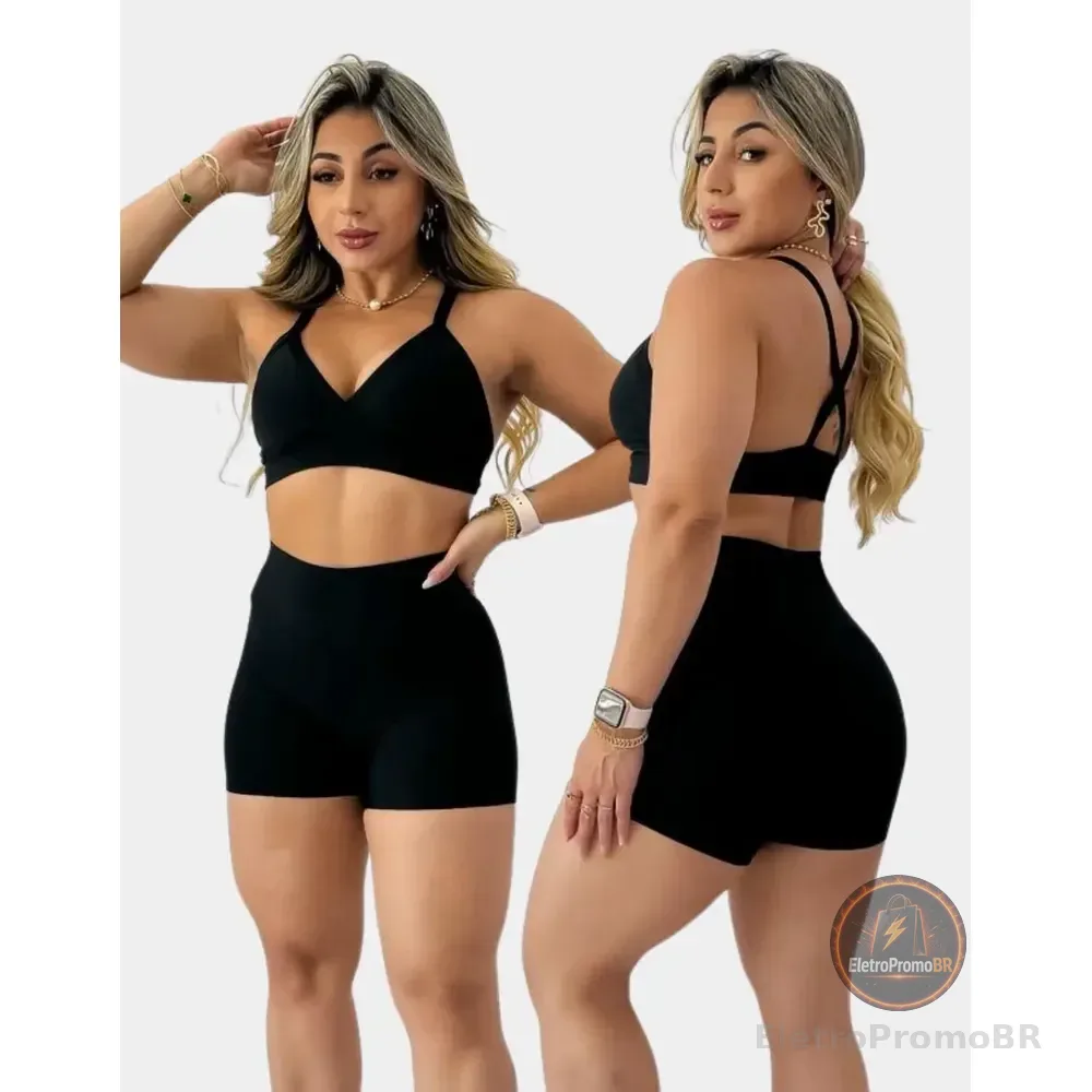 Conjunto De Academia Feminino Fitness Short E Top Cós Alto Preto/100-cst G