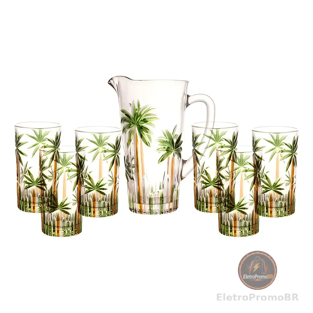 Conjunto Jarra Com 6 Copos Cristal Palm Tree Handpaint Wolff Coqueiros