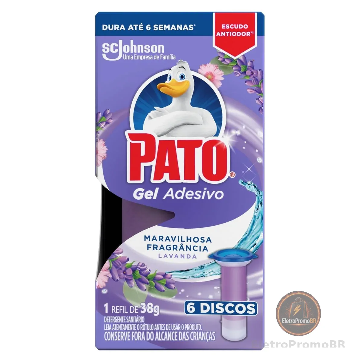 Pato Desodorizador Sanitário Gel Adesivo 1 Refil Lavanda, Limpeza Banheiro, 6 Discos