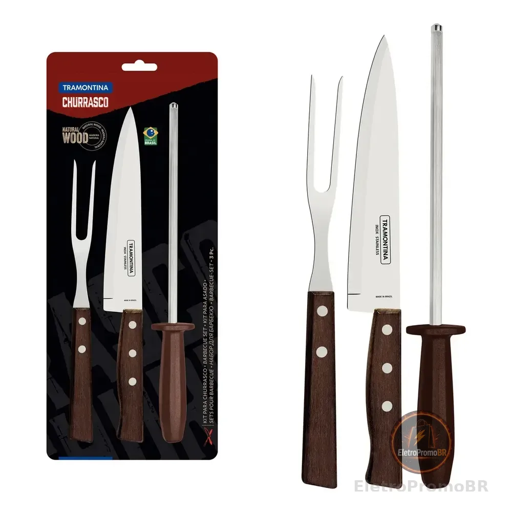 Kit Para Churrasco Tramontina Com Lâminas De Aço Inox E Cabos De Madeira Natural E Polipropileno 3 Peças Marrom