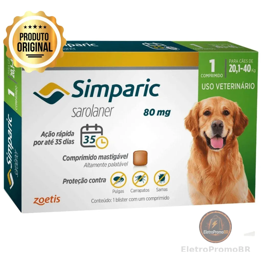 Anti Pulgas e Carrapatos Simparic Cães de 20,1 a 40 Kg - 80 Mg 01 Comprimido - Zoetis