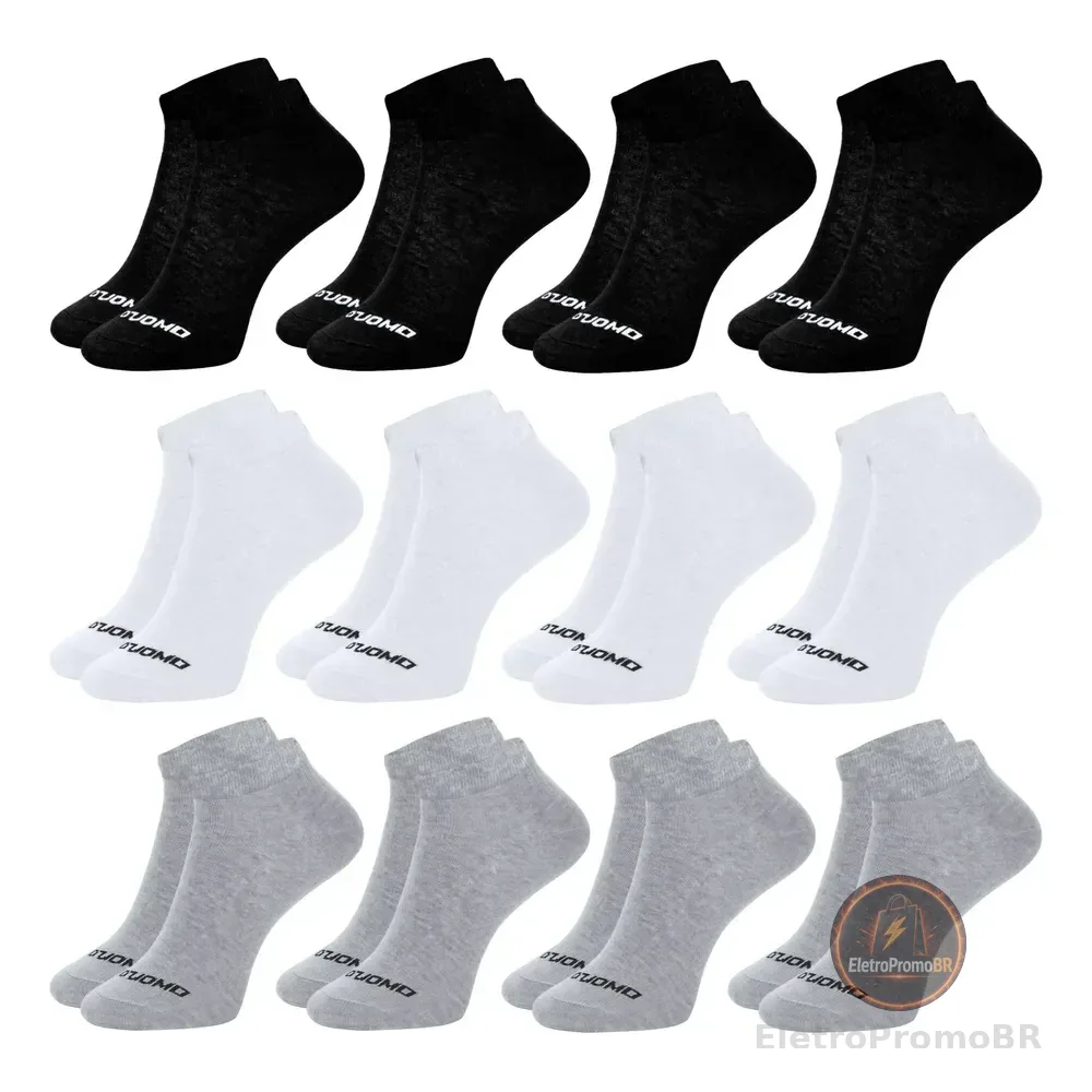 Kit 12 Pares Meia Masculina Cano Curto Soquete Algodão Duomo 4 Branco - 4 Cinza - 4 Preto Masculina Academia Toque Macio 39-44 Meia Cano Baixo Masculina