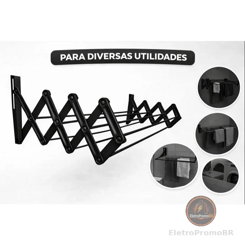 Varal Sanfonado 80 cm Parede Retrátil Preto Apartamento Lavanderia