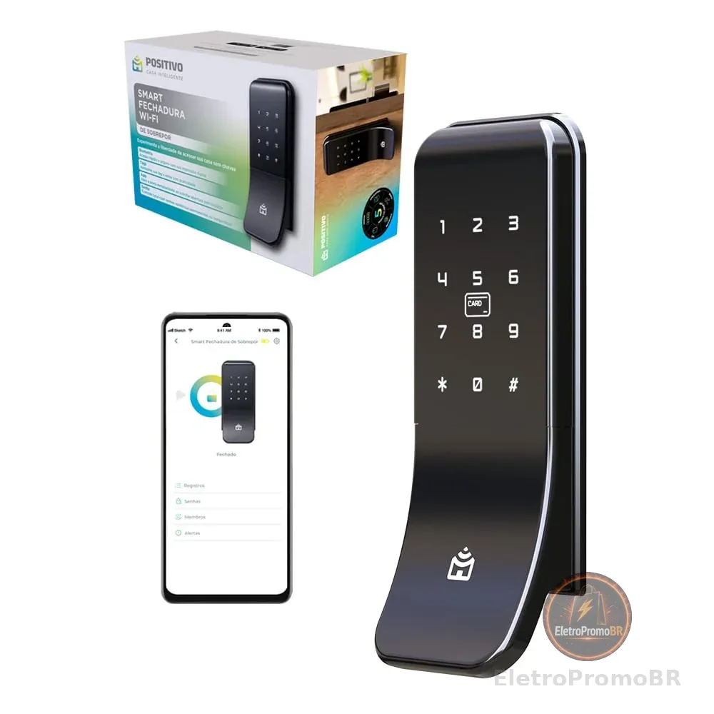 Smart Fechadura Digital Wi-Fi de Sobrepor Positivo Casa Inteligente, Abertura por Senha, Biometria, Tag, Chave e Aplicativo, Fechamento Automático – Preta