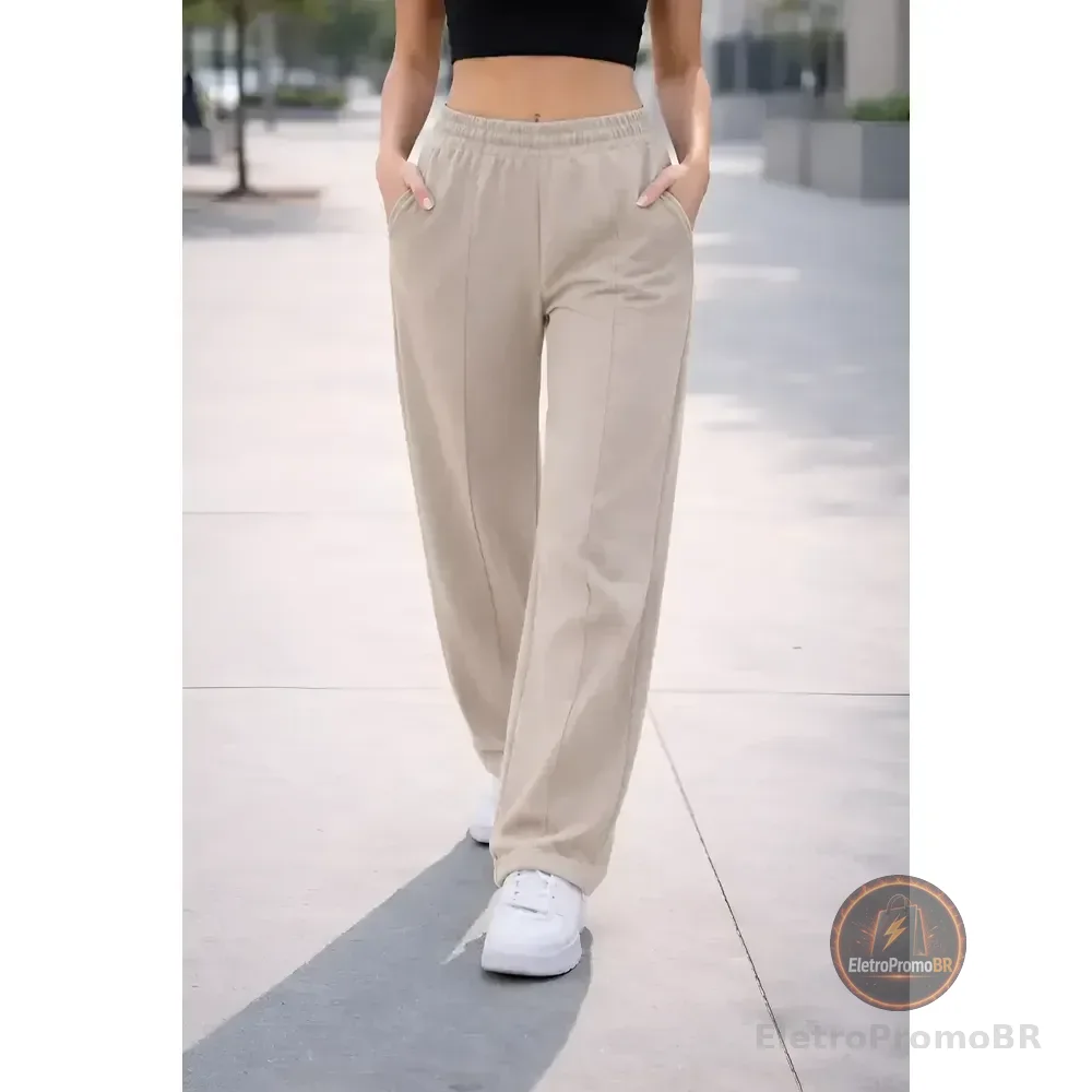 Calça Moletom Cintura Elástica Estilosa Wide Leg Pantalona Bege Lisa G 44