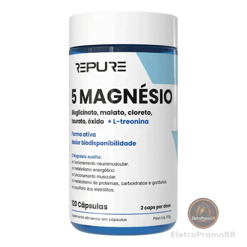 Magnésio Plus Quelato + Dimalato + Treonato + Taurato + Cloreto - Alta Absorção. Formula Avançada Com 5 Fontes - 120 Cápsulas Sem Sabor