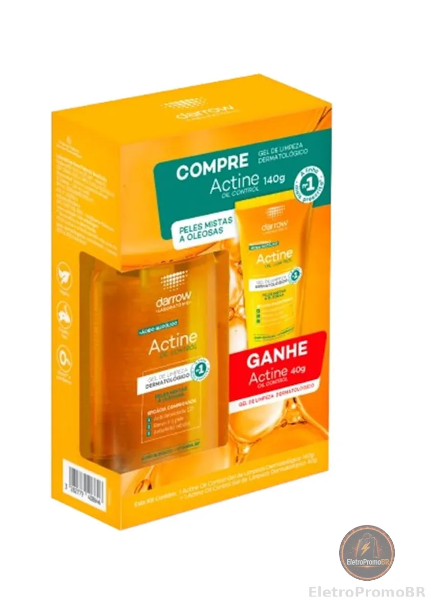 Darrow Actine Oil Control Kit Gel de Limpeza Dermatológico Facial com Ácido Glicólico e Vitamina B5 que Controla Oleosidade sem efeito rebote, Renova a Pele e Reduz Poros, 140g + 40g