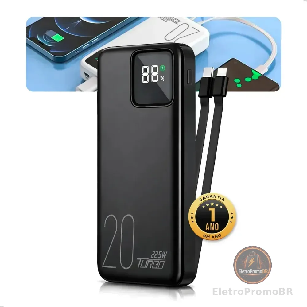 Carregador Portátil Power Bank 20.000mah Turbo Celular Carga Rápida 22.5w Premium Display Visor Grande Universal Usb-c Viagens Festa Para Los E Android iPhone Samsung Motorola Xiaomi Preto Nixzen