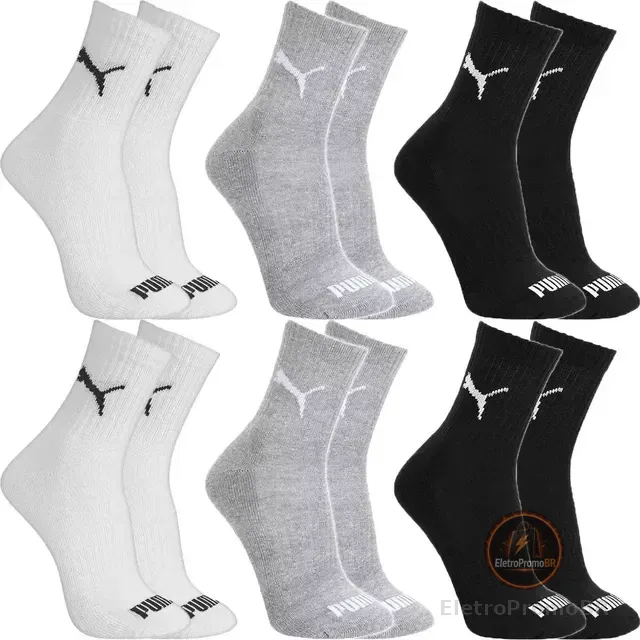 Kit 6 Pares Meias Puma Cano Médio Alto Atoalhada Original