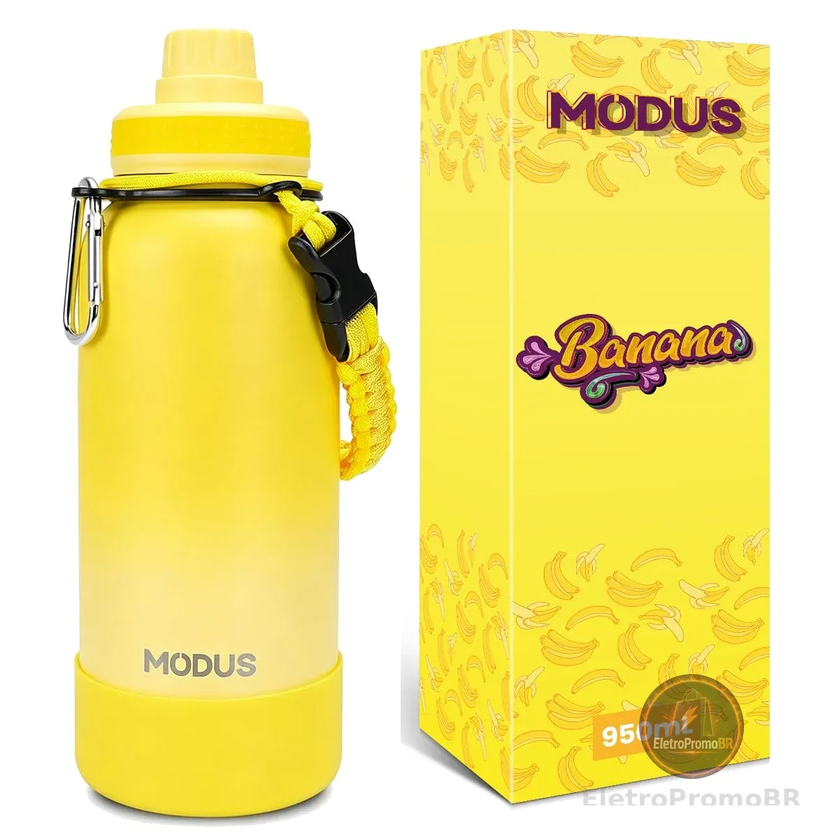 MODUS 950mL Garrafa de Água Térmica Esportiva Inox Isolada a Vácuo com Base Emborrachada Anti Derrapante (Gradiente Amarelo)