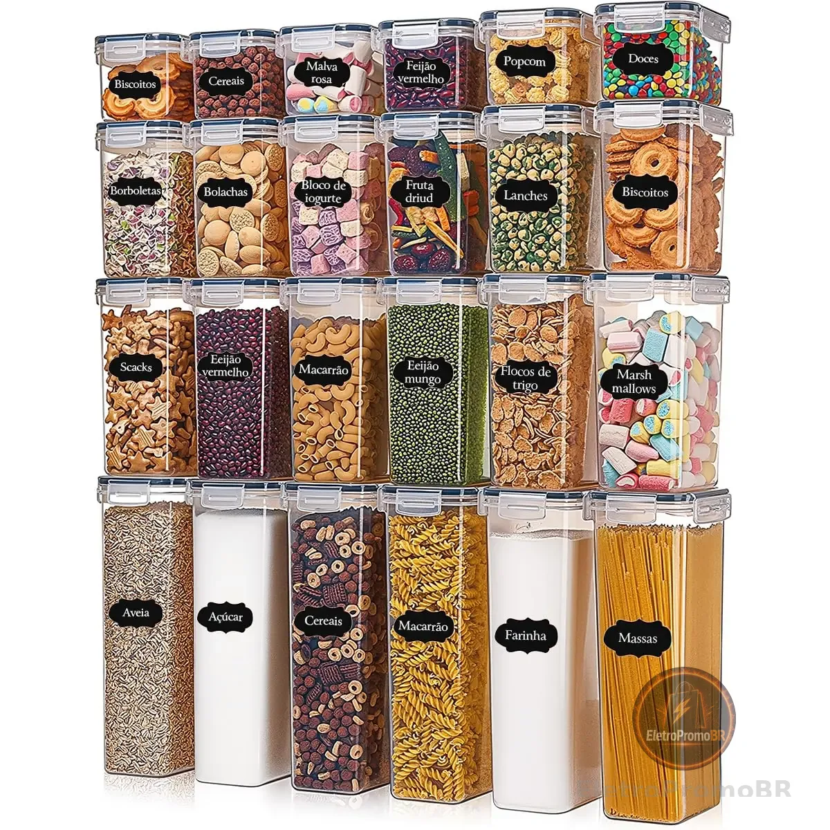 Potes Tampa Hermético Porta Alimentos Mantimentos Armário Cozinha (Kit 24)