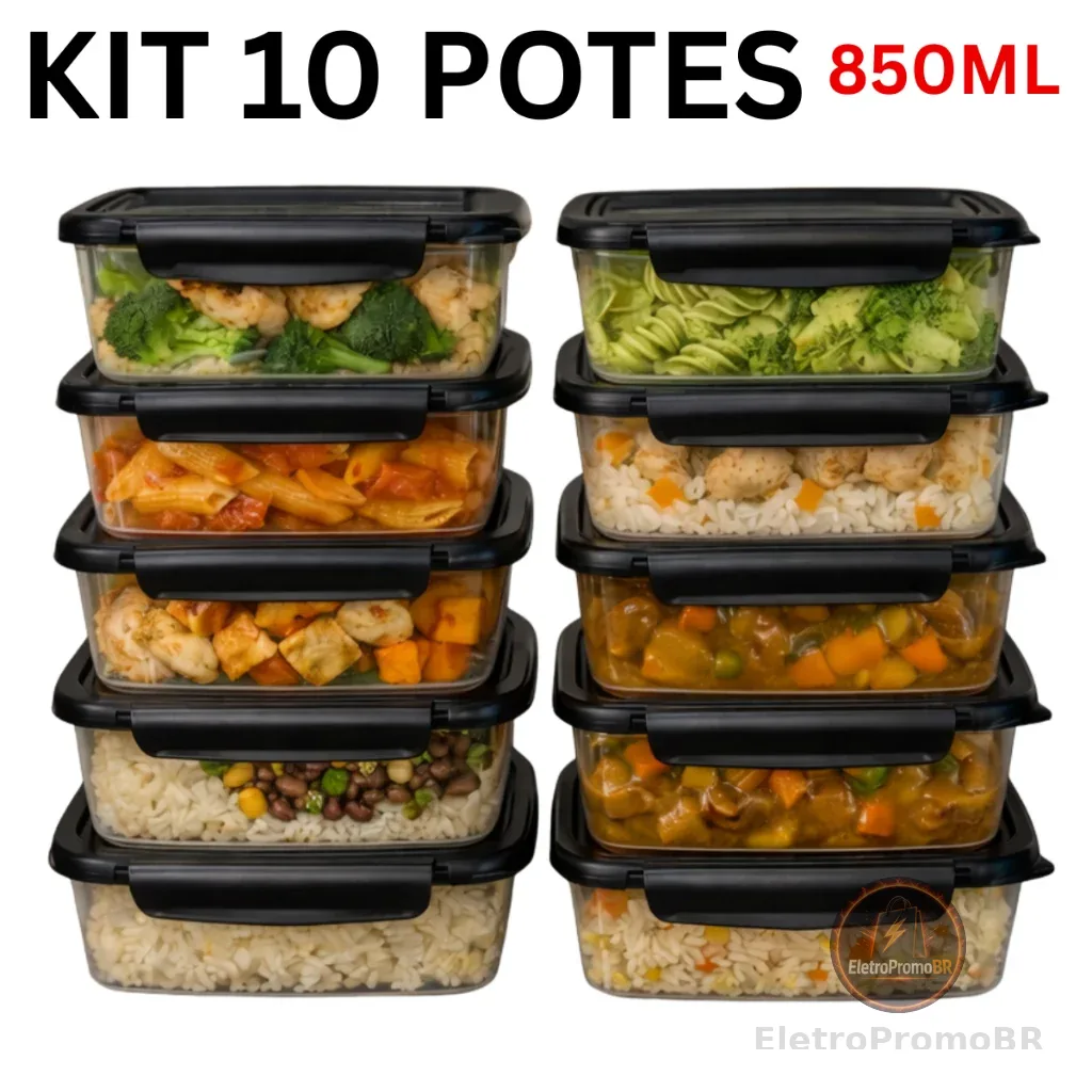 Kit 10 Marmita Conjunto Potes 850ml com Travas Laterais BPA FREE - Organizadores de Congelador