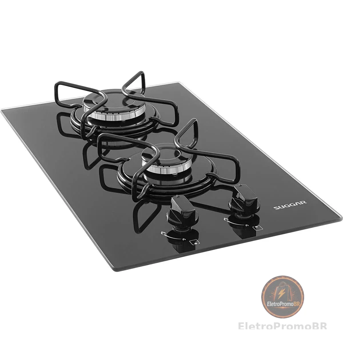 SUGGAR COOKTOP A GÁS VIDRO PRETO 2 QUEIMADORES ESMALTADOS DIFERENTES TAMANHOS FG2002AVP