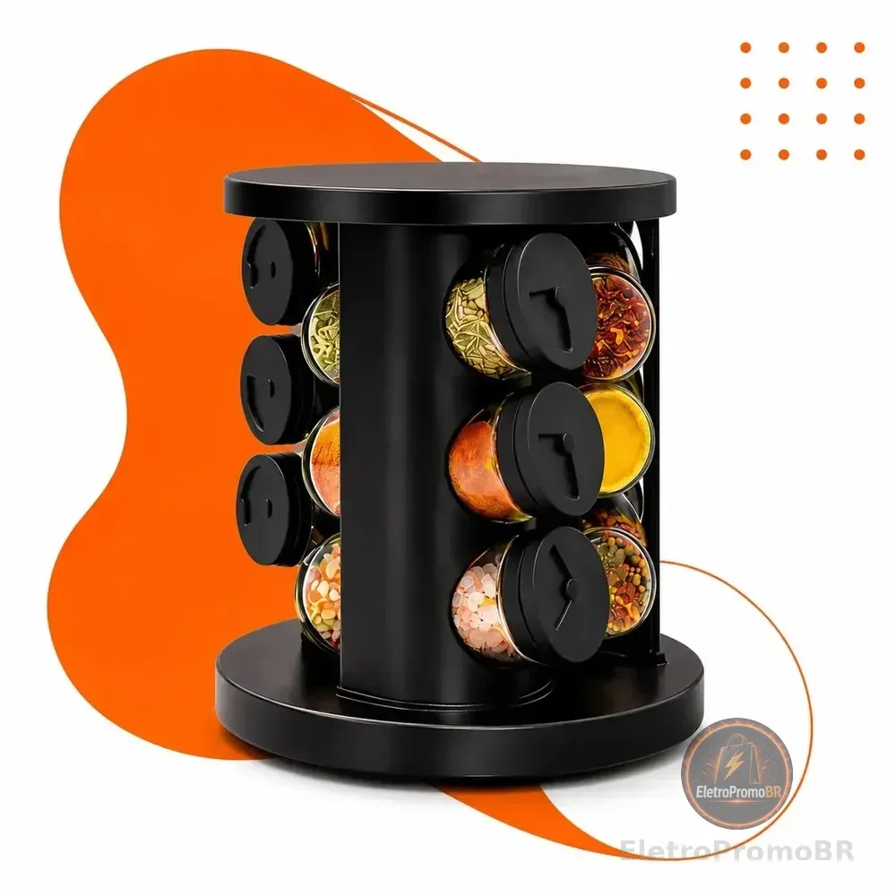 Porta Temperos Condimentos 9 Unidades Potes Vidro Base Giratória Preto Organizador Cozinha Dosador Hold On