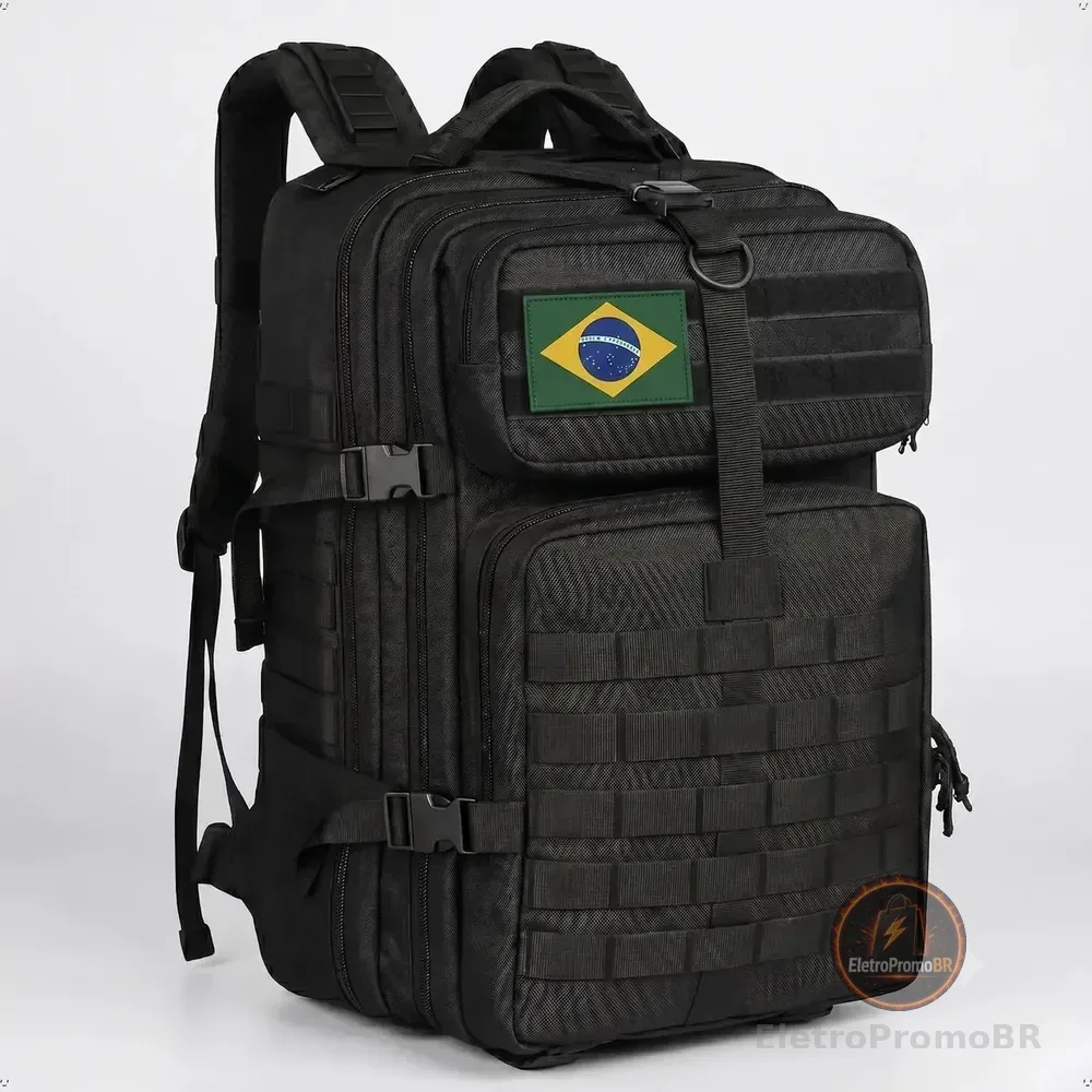 Mochila Tática Militar 50l Masculina Reforçada Impermeável Viagem Camping Pesca Com Patch Bandeira Brasil Bagear Preto Liso