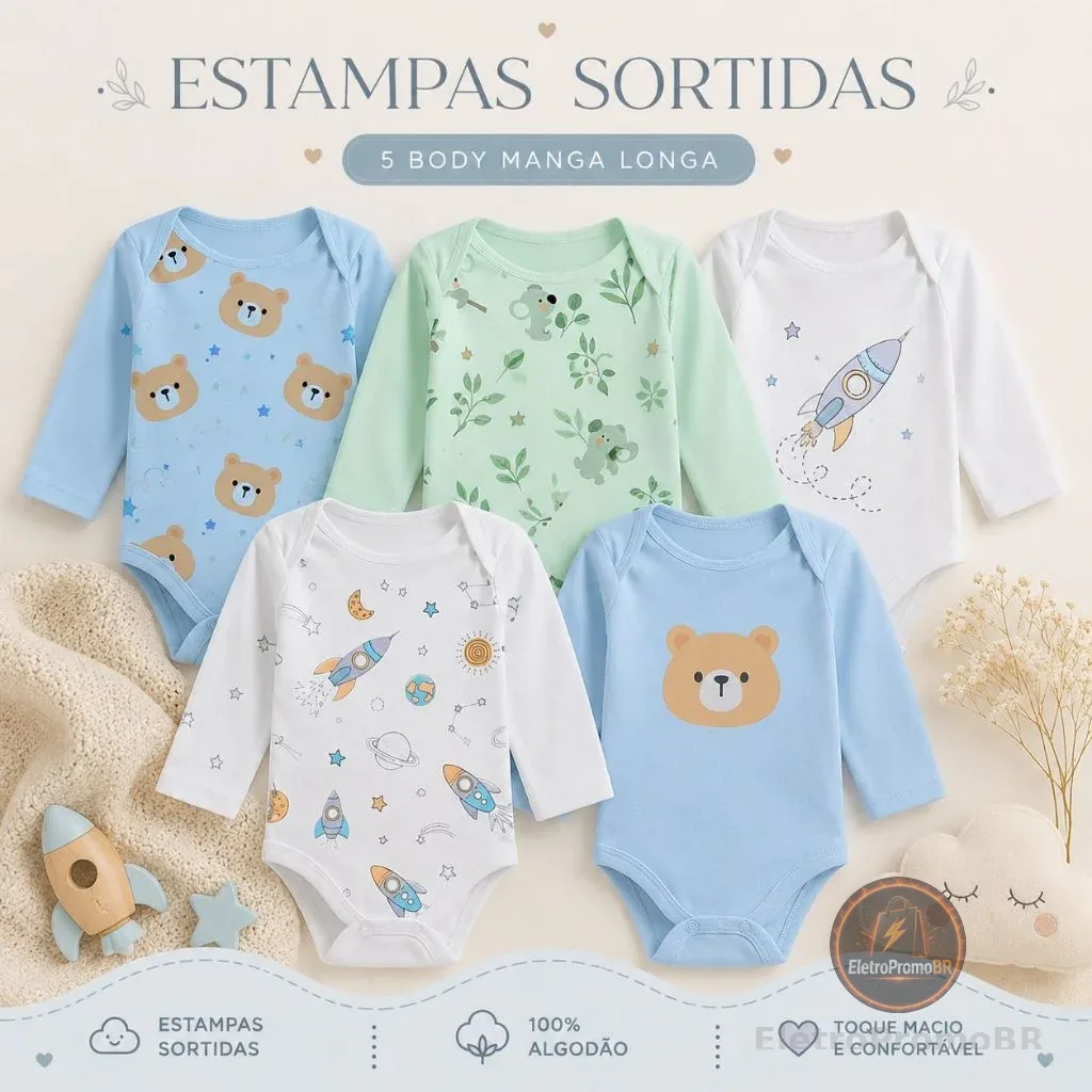 Kit Roupa De Bebê 5 Peças Body Estampado Manga Longa Algodão