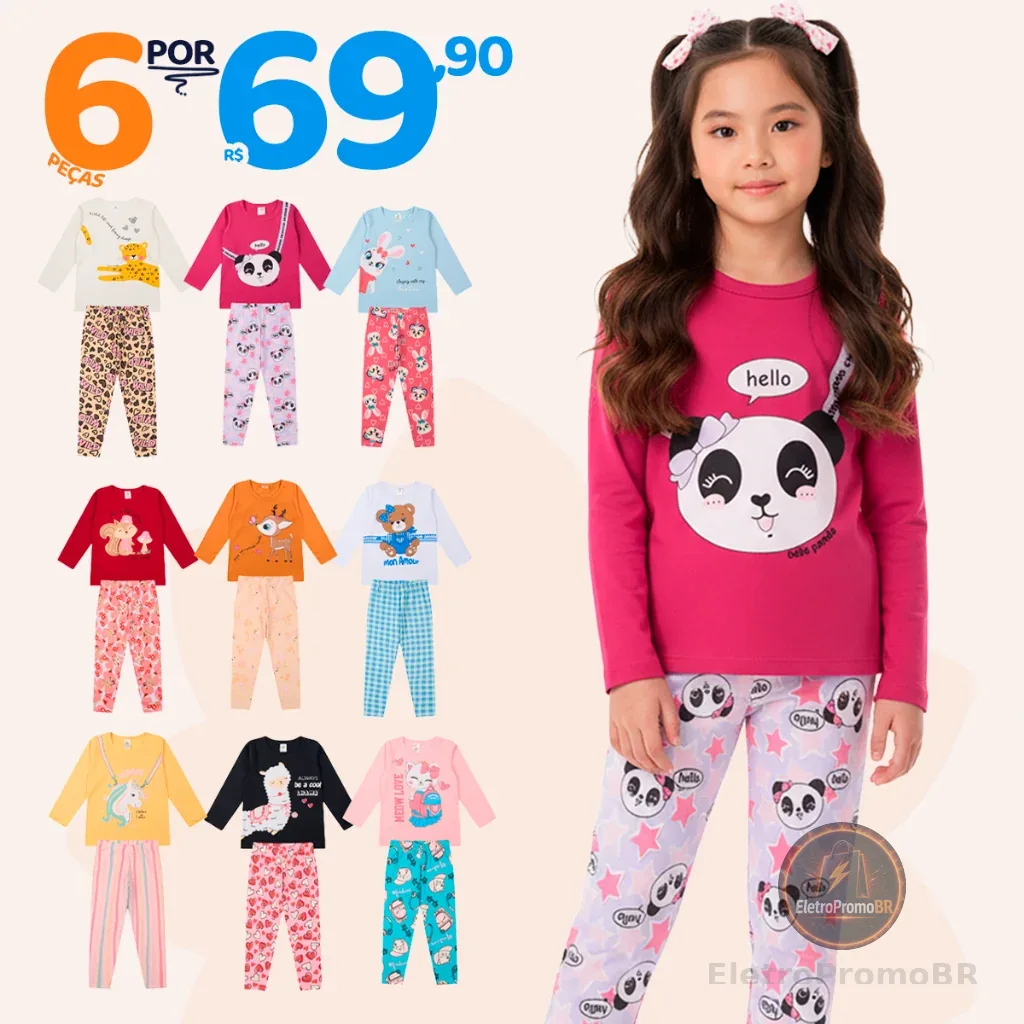 Kit Sortido 6 Peças de Roupas Feminino Infantil Inverno e meia estação – 3 camisas manga longa + 3 calças legging