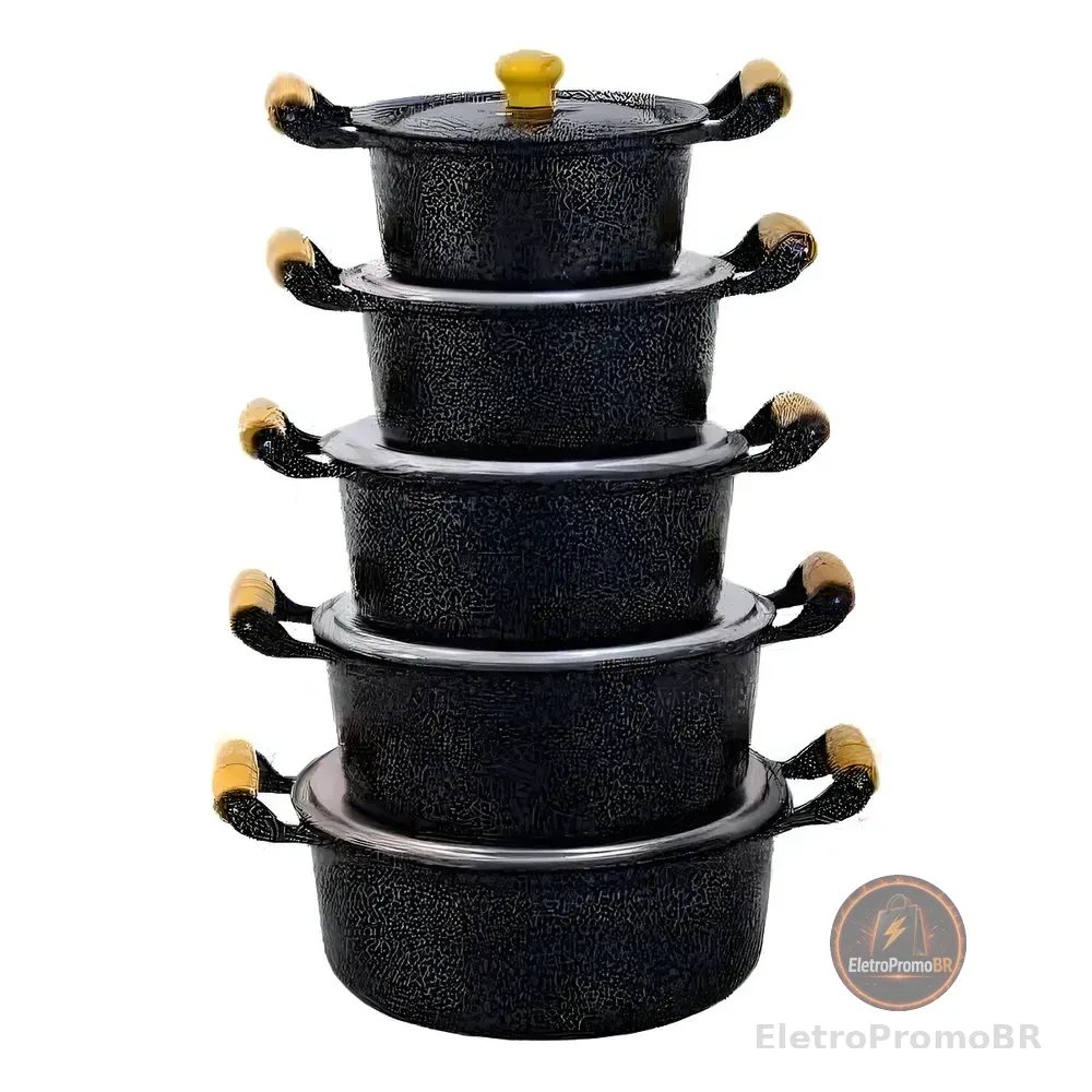 Jogo 5 Panela Alumínio Batido Craqueada Caçarola Kit Fundido Preto