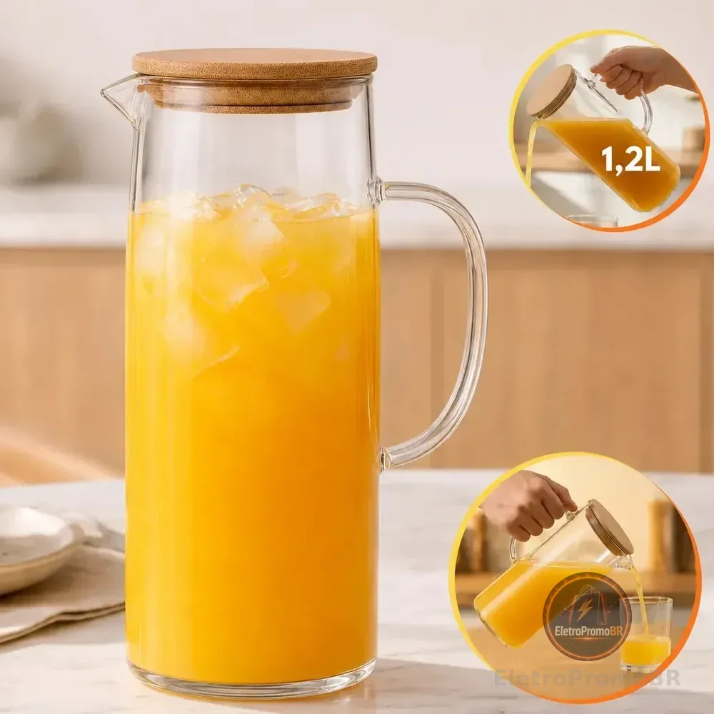 Jarra Vidro Borossilicato 1,2 Litros Tampa Bambu Hermética Agua Suco Transparente Sólar 1,2l Bambu