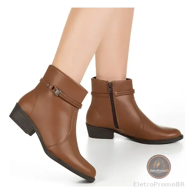 Bota Casual Cano Curto Zíper Salto Baixo Detalhe Lateral