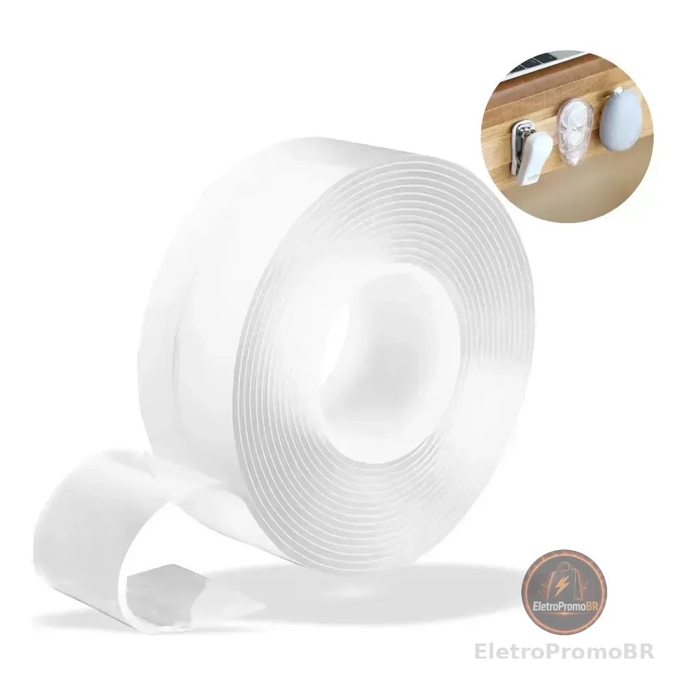 Fita Dupla Face Transparente Reutilizável 3m X 2cm Lavável Nano