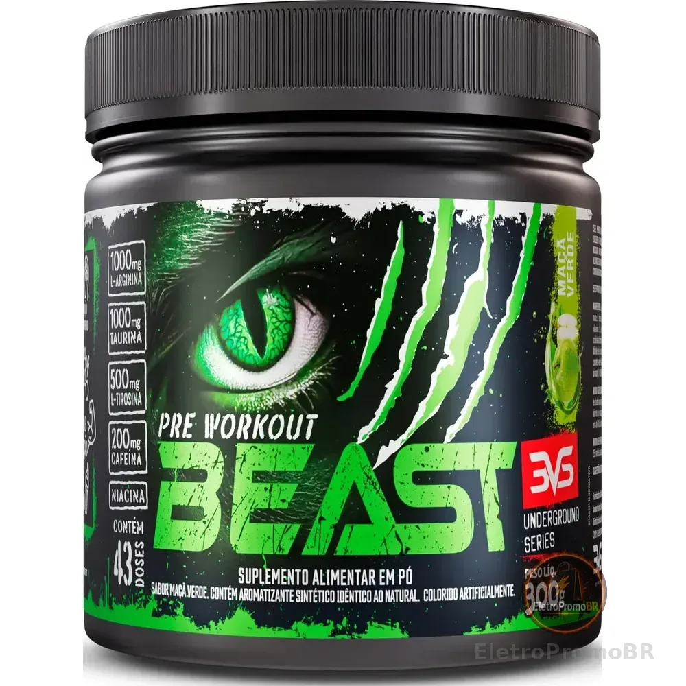 Pré-treino Beast 300g Sabor: Maçã Verde - Ultra Concentrado - Promove Vasodilatação, Recuperação Energética, Aumento De Óxido Nítrico, Desintoxicação E Melhora De Concentração E Foco