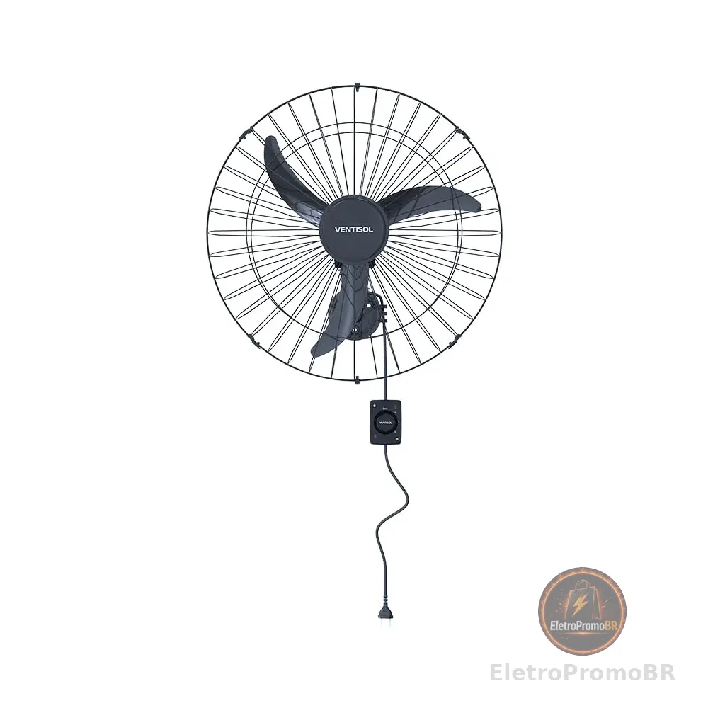 Ventisol Ventilador de Parede Oscilante, 3 Pás Premium, Preto, 60cm, Bivolt