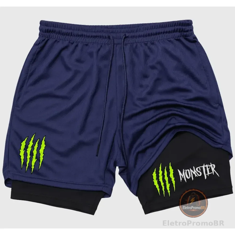 Short 2 Em 1 Academia Duplo Bermuda Masculina Monster Treino Azul Monster Gg