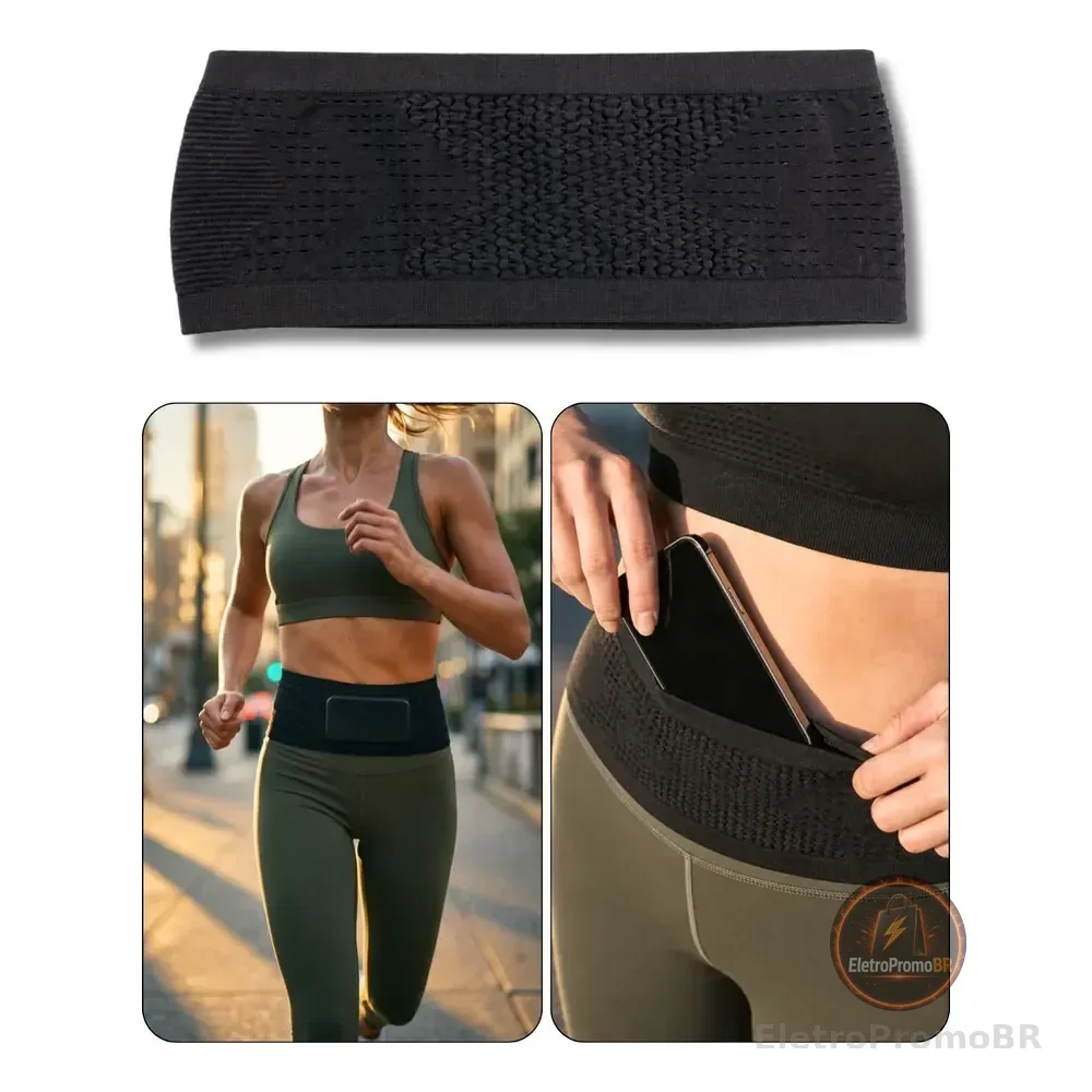 Cinta Pochete Corrida Porta Celular + E-book Fitness Habitos Preto Texturizado Tam. P