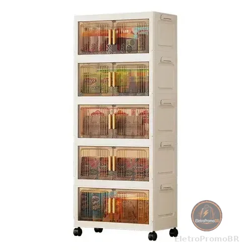 Armário Multiuso Caixa Armazenamento Dobrável 55cm 5 Andares Marrom Transparente-creme Branco