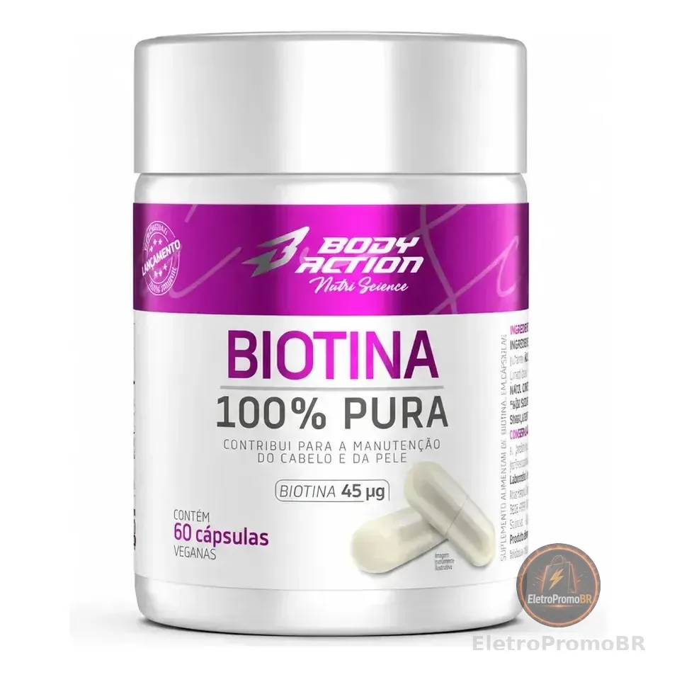 Biotina 100 Pura Bodyaction 45mcg 60 Caps Veganas Sem Sabor