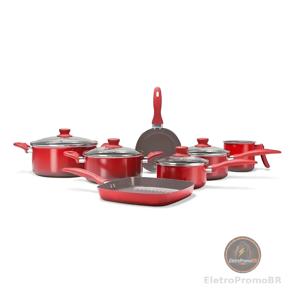 Jogo De Panelas 7 Peças Revst Cerâmico Antiaderente Brinox Vermelho
