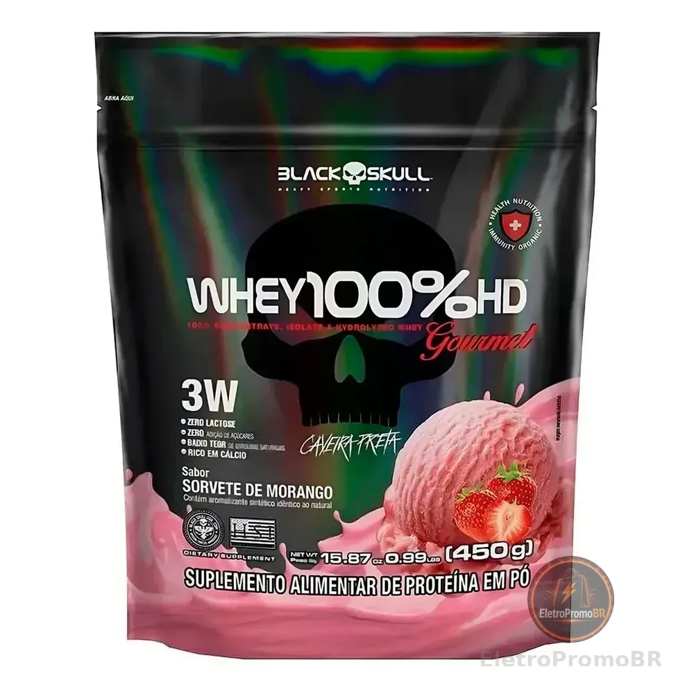 Whey Protein 100%hd Refil Black Skull Ganho De Massa Gourmet Sabor Sorvete De Morango 450g