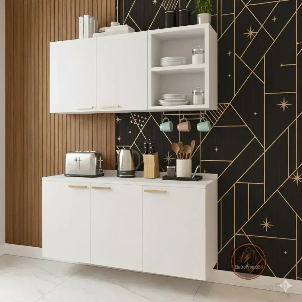 Armário De Cozinha Branco Suspenso + Balcão 3 Portas  Móvel Branco