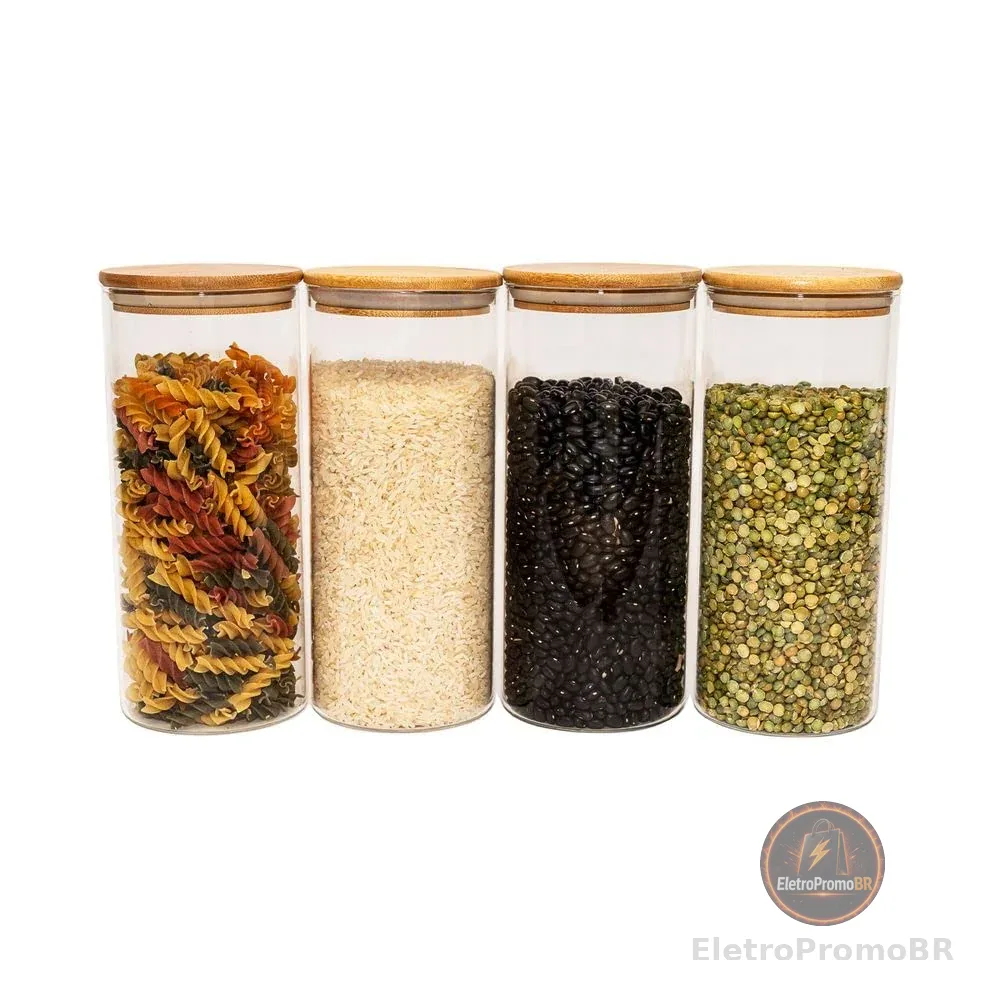 Oikos - Kit 4 Potes de Vidro Herméticos 1,65L Redondos com Tampa Bambu | Borossilicato, vedação em silicone, BPA Free, mantimentos, empilháveis, fácil limpeza, design natural