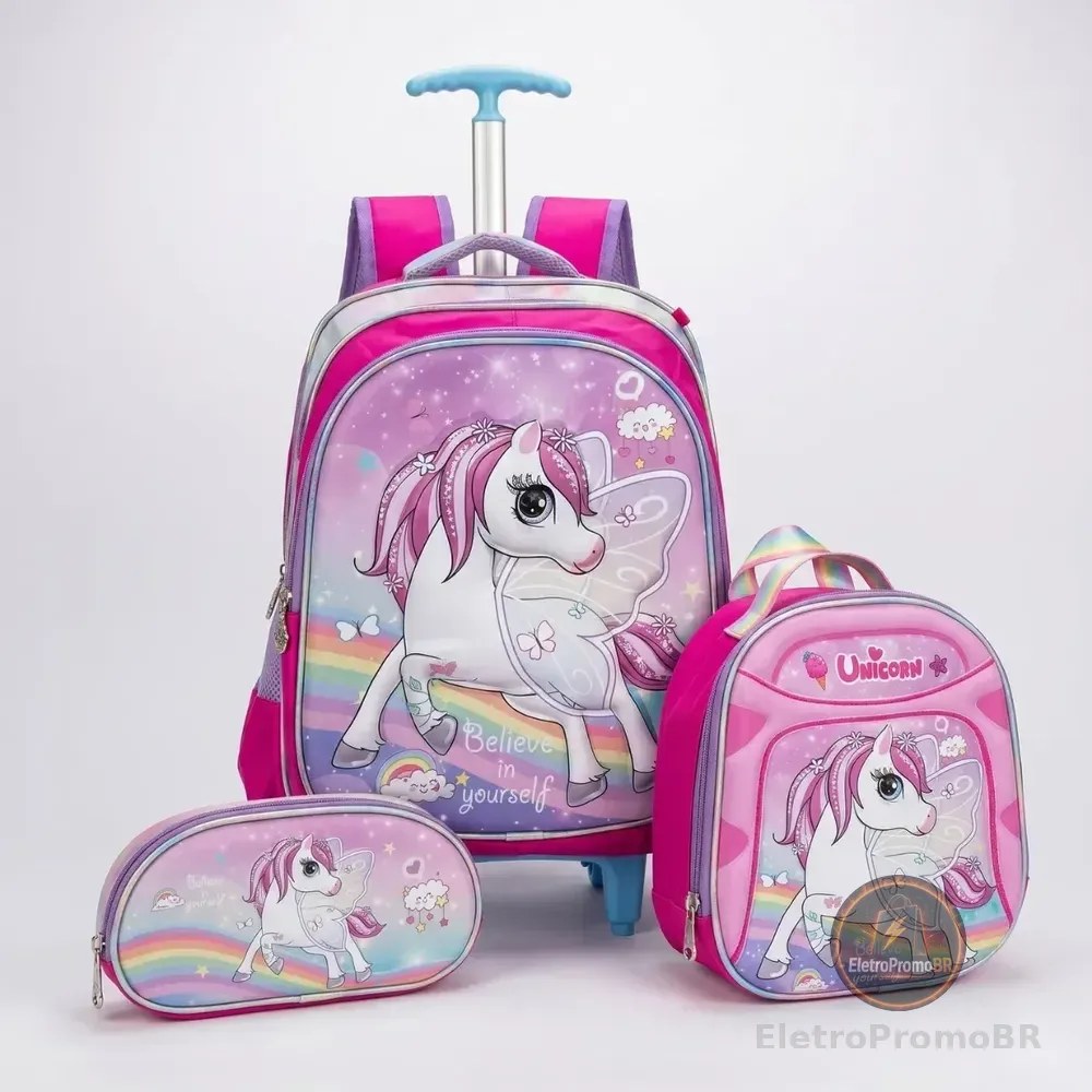 Kit Mochila Unicórnio 3d Rodinha 3 Peças Rosa Rosa Unicórnio
