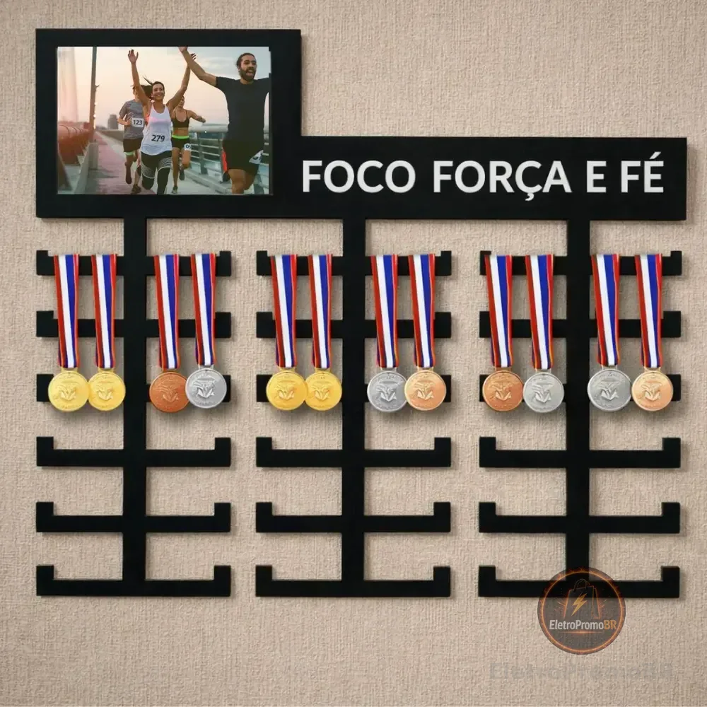 Porta Medalhas Foco Força E Fé Suporte Parede Medalhas Preto