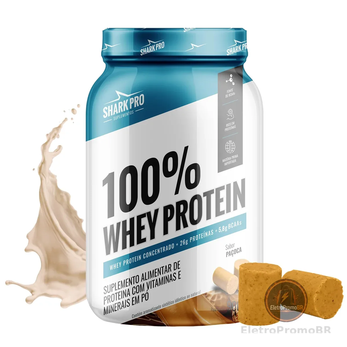 Shark Pro 100% Whey Protein Sabor Paçoca - 26g de Proteína por Porção - 5,8g de BCAAs - Suplemento Alimentar de Proteínas com Vitaminas e Minerais em Pó - Textura Cremosa - 900g Pote